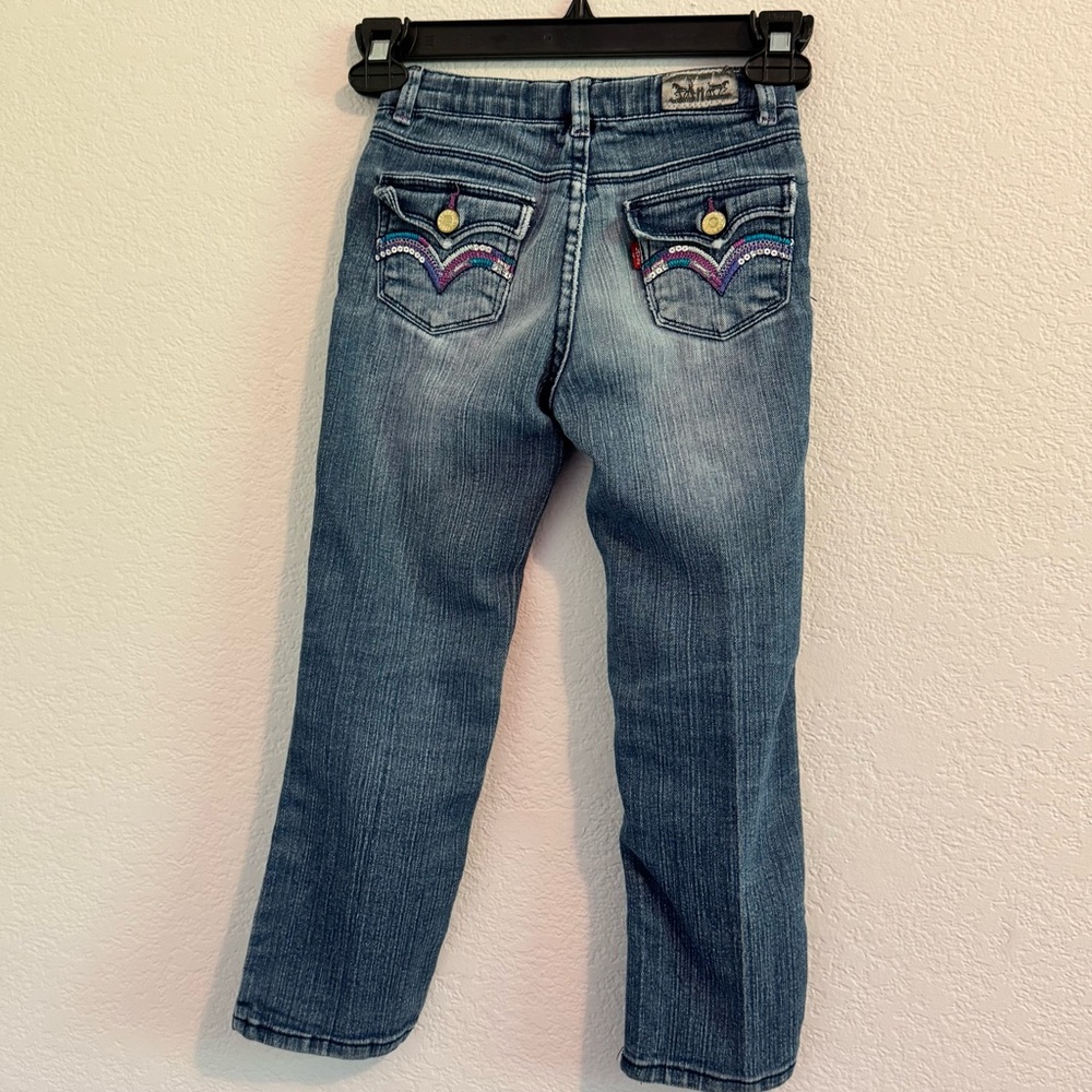 Levi's Blue Distressed Straight-Leg Jeans With Adjustable Waist and Embroidery. - Picture 9 of 13